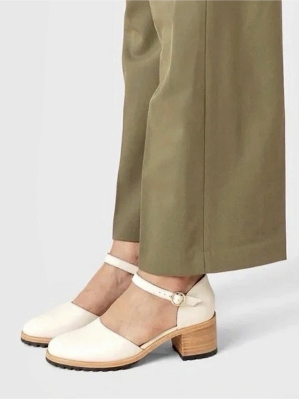 Patina Cream Ankle Strap Block Heel Shoes